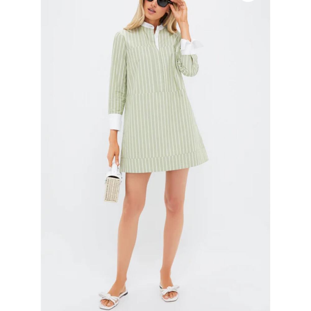 Pomander Place Light Green Striped Mini Dress with White Collar & Cuffs